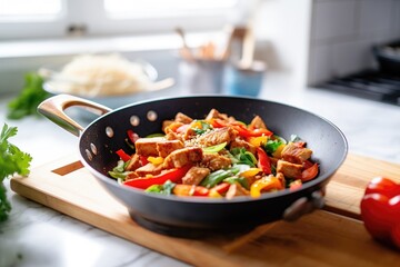 tempeh stir-fry with colorful bell peppers in wok - obrazy, fototapety, plakaty