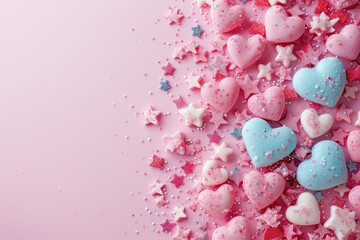 Colorful hearts and stars on a pink background
