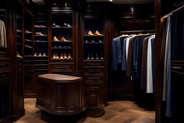 Develop an eye-catching image capturing the richness of a luxury male wardrobe in a boutique, featuring a collection of expensive suits, designer shoes, and high-quality clothing