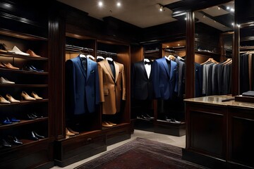 Illustrate the grandeur of a male wardrobe within a boutique setting through a photo, showcasing an assortment of expensive suits, high-end shoes, and luxurious clothing