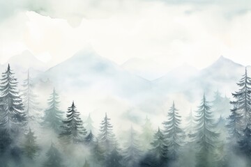 Winter's grace to your projects with a foggy forest and hill watercolor background, where the misty...