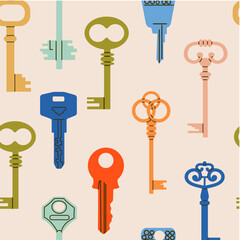 Background of different types door keys. Different types, sizes. Colored house keys background. Background, wallpaper, wrapping paper, poster template. 