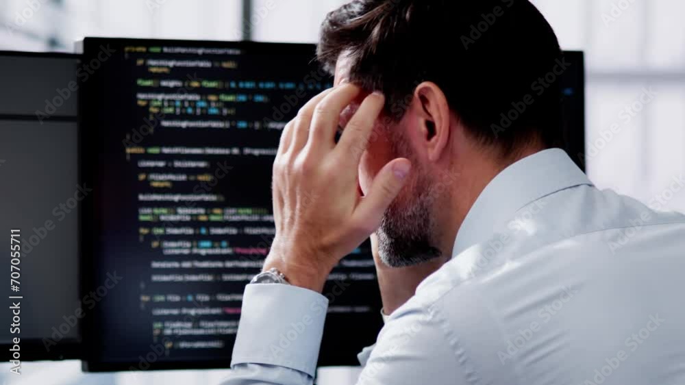 Leinwandbilder Unhappy Sad Developer Programmer Man In Stress Coding Software