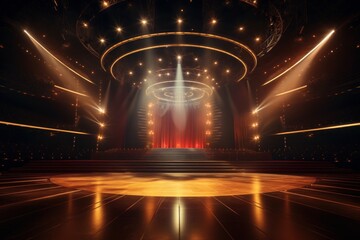 Empty concert stage with illuminated spotlights.  - obrazy, fototapety, plakaty