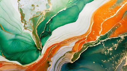 Beautiful Alcohol Ink Art Background, Orange, Green and White Color theme, marble design, Ink art background
