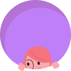 Cartoon girl peeking out shyly, purple circle background. Childlike curiosity and cute playful character vector illustration.