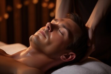 Obraz na płótnie Canvas Beautiful man in spa salon getting face massage