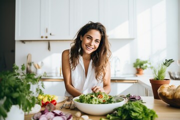 Happy woman cooking salad in white kitchen