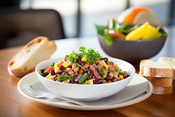 vibrant three bean salad with a side of sliced bread
