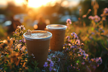 Two paper cups of coffee in a flower garden, golden hour, romance. Photorealistic composition with...