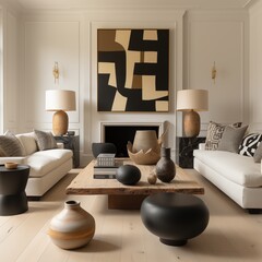 Modern interior living rom in neutral tones and black