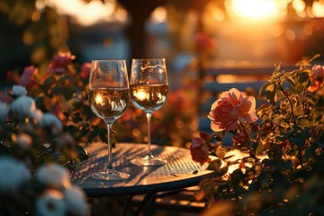 Fototapeten Two glasses of wine in a flower garden at sunset. © Anna