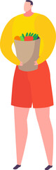 Person carrying grocery bag full of vegetables, wearing yellow top and red shorts. Shopper with fresh produce, healthy eating concept. Grocery shopping, vegetarian lifestyle vector illustration.
