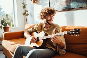 Young man playing guitar in living room