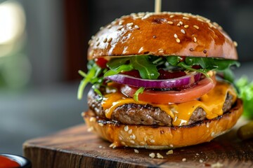 Delicious fresh cheeseburger with old grey background. Fresh american kitchen. - obrazy, fototapety, plakaty