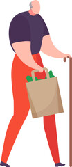 Elderly woman walking with cane and grocery bag. Senior lady with shopping, active aging concept. Elderly independence vector illustration.