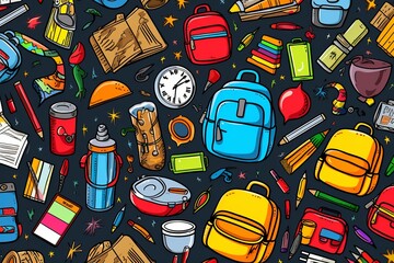 Cartoon cute doodles featuring hand-drawn elements of school supplies, backpacks, and lunchboxes in a lively and colorful seamless backdrop, Generative AI