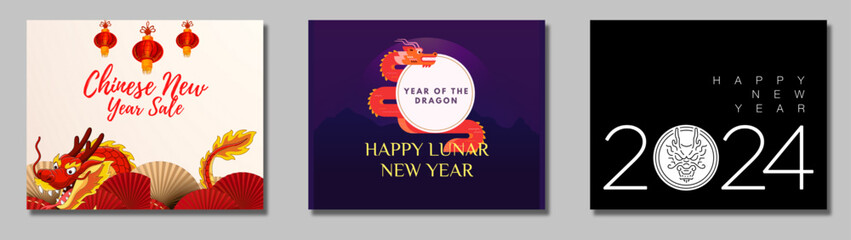 Set of illustration of Chinese new year 2024. Set of 2024 Happy Chinese new year 2024 with dragon.   Lunar New Year, Year of Dragon, 2024 Lunar Delights: Year of the Dragon