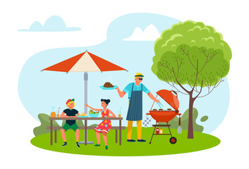 Family BBQ in backyard with dad grilling, son and daughter eating. Outdoor summer barbecue party with food and drinks. Happiness and leisure time with family vector illustration