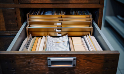 Close-up View of Open File Cabinet Drawers Filled with Labeled Documents, Depicting Organization, Storage, and Information Management