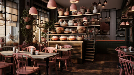 Cozy restaurant with realistic cupcakes neutral pale - obrazy, fototapety, plakaty