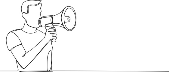 continuous single line drawing of man with megaphone, line art vector illustration