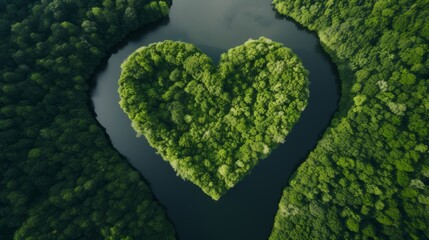 island in the river or ocean with heart-shaped trees, top view - obrazy, fototapety, plakaty