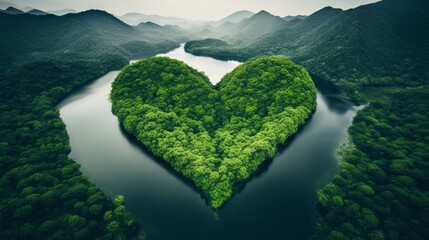 island in the river or ocean with heart-shaped trees, top view