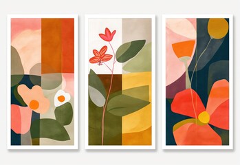 boho tropical plant and flower artwork picture frame collection set on wall, minimal style home wall hanging decor,  mockup idea, Generative Ai