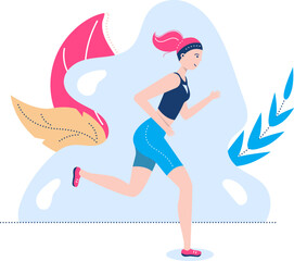 Young female runner in sportswear jogging with abstract elements. Fitness exercise and training theme vector illustration. Wellness and active lifestyle concept.