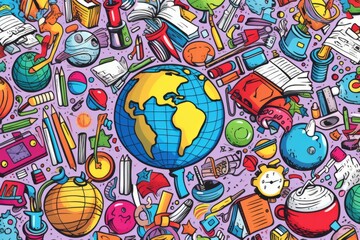 Obraz premium Cartoon cute doodles of doodle elements like globes, backpacks, and notebooks, creating a lively and educational seamless backdrop, Generative AI