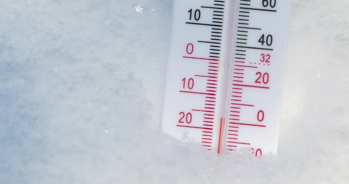 Thermometer with both Celsius and Fahrenheit scales placed in fresh snow indicating temperature dropping from minus 5C to minus 20C - frigid winter weather 4K timelapse