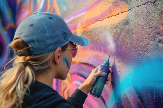 Urban female artist creating graffiti with spray paint