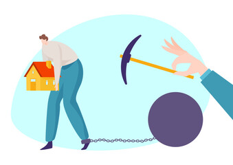 Man burdened by house chained to ball struggles as hand with pickaxe offers help. Mortgage debt relief concept, financial burden vector illustration