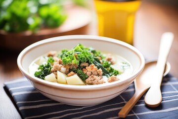 bowl of zuppa toscana with parsley garnish, spoon beside