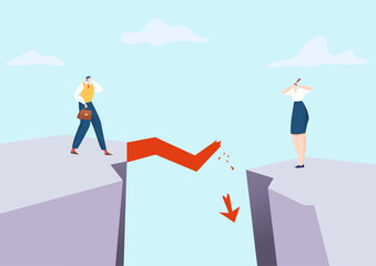 Businessman and businesswoman stand on edges of a cliff with a broken bridge. Concept of business challenge and problem solving vector illustration