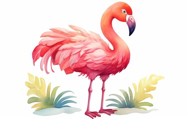 watercolor illustration of cute flamingo bird , Generative Ai
