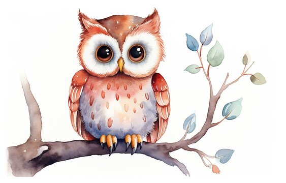 watercolor illustration of cute owl perched on tree, Generative Ai