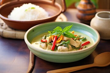 thai green curry with chicken in a ceramic bowl