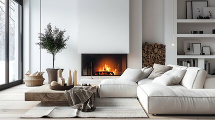 White corner sofa near fireplace. Scandinavian home interior design of modern living room