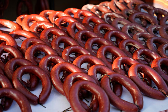 Kasap sausage Traditional Turkish cuisine at the market of Istanbul