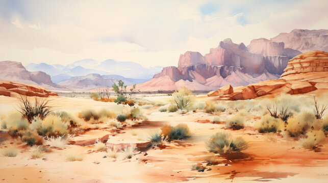 Desert springs inspire watercolor in pastel tones.