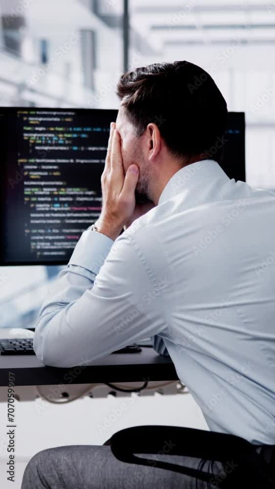 Poster Unhappy Sad Developer Programmer Man In Stress Coding Software