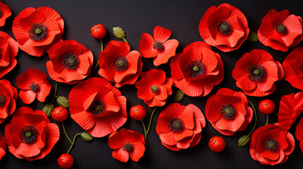 Flowers composition. Border made of  red poppies on a black background.