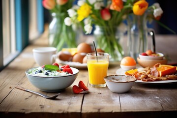 fresh breakfast on a wooden table with fruit, eggs, and coffee