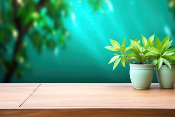 Potted plants in a wooden surface next to a garden