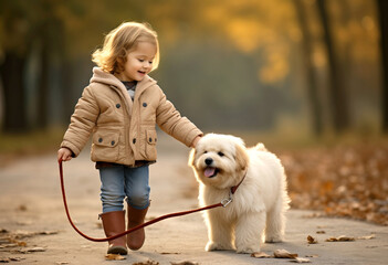 Little girl walking a dog in an urban park