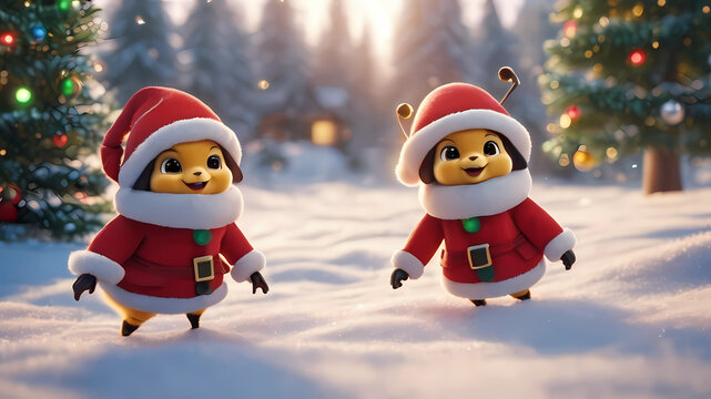 4d photographic image of two full body images of super cute little chibi bees wearing red Santa hats, realistic, buzzing around a snowy-covered Christmas tree with presents underneath, vivid colors oc