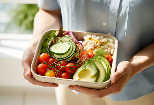 Person holding a trash with healthy food on it