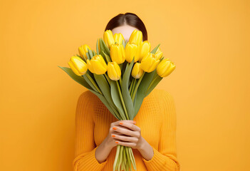 portrait of a woman covering her face with a bouquet of yellow tulips on yellow background - Powered by Adobe